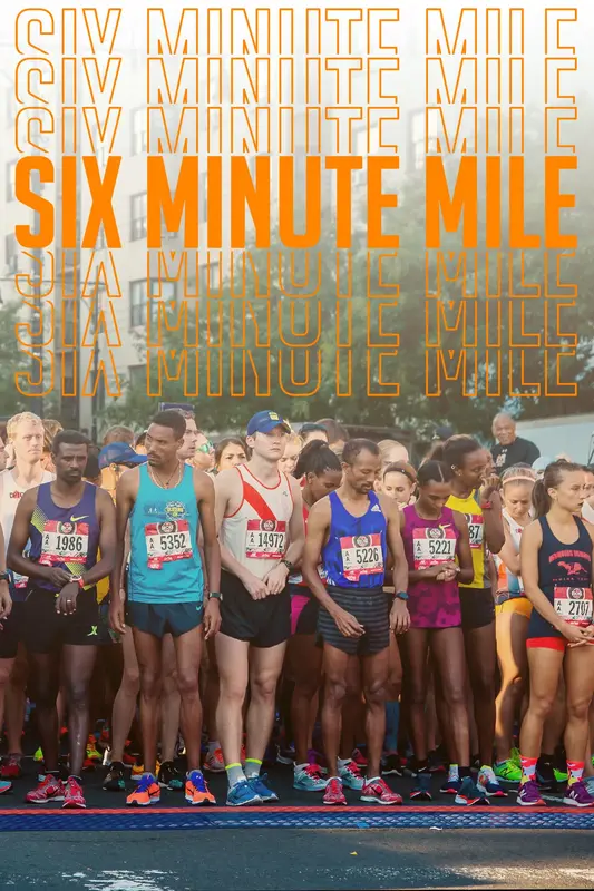 The Six Minute Mile logo imposed on a photo of runners on a starting line.