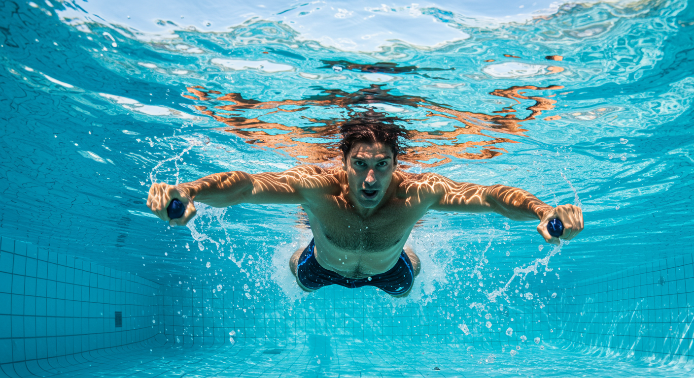 A man doing a VO2 Max aerobics workout in a pool.
