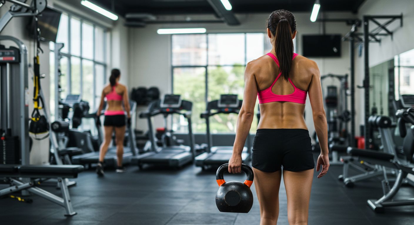 Woman carrying a kettlebell in one hand.