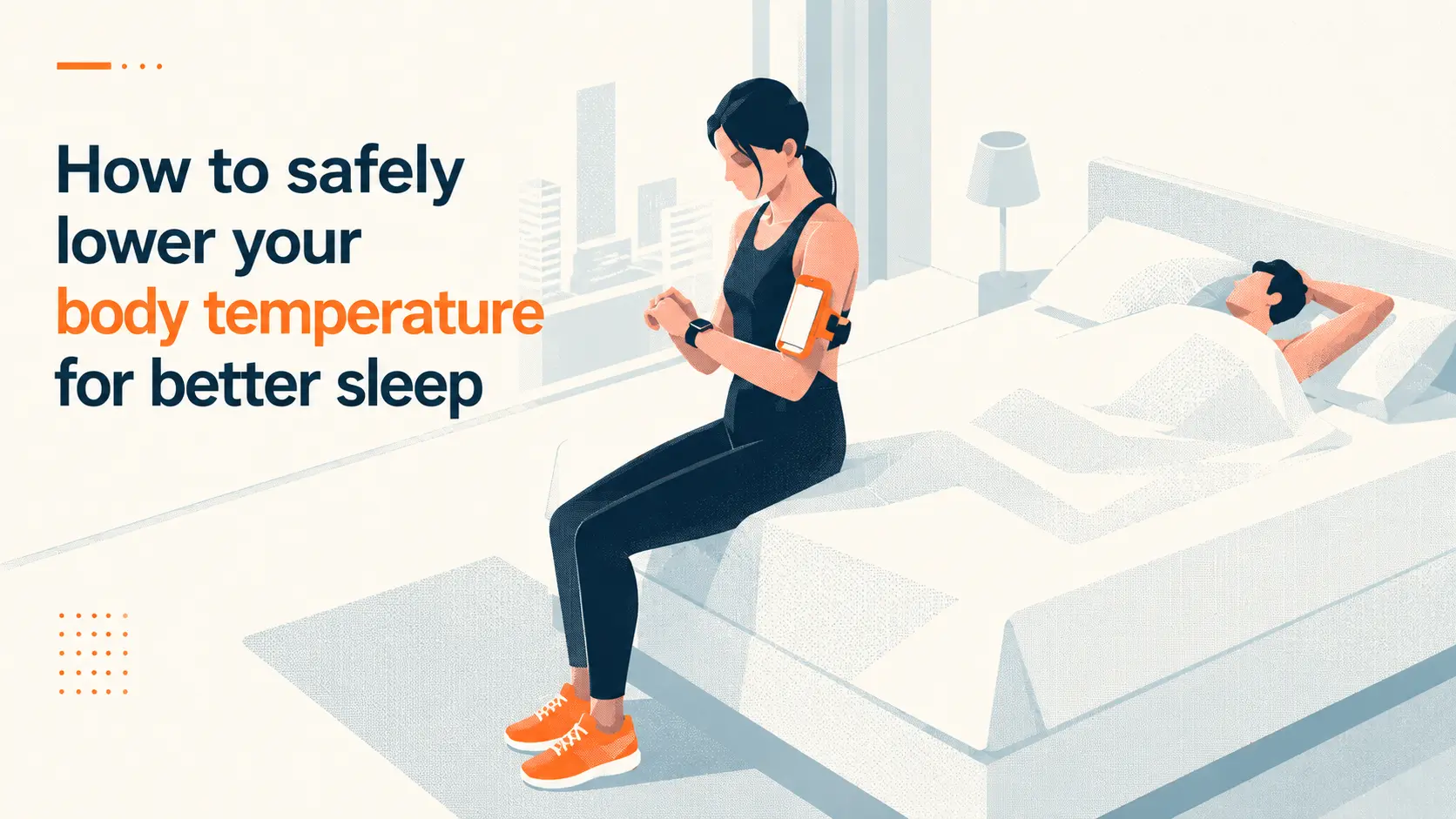 A woman sitting on the edge of the bed getting ready to run.