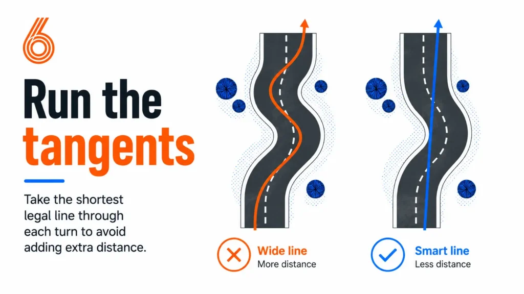 Diagram showing how to run tangents in a road race.